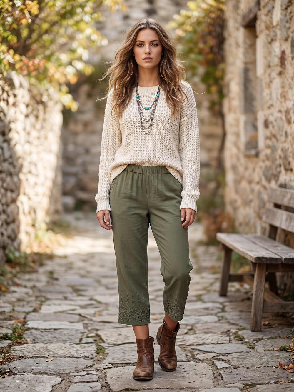 Papa Vancouver Embroidered Hem Crop Pants Olive Green Boho Lagenlook Utility